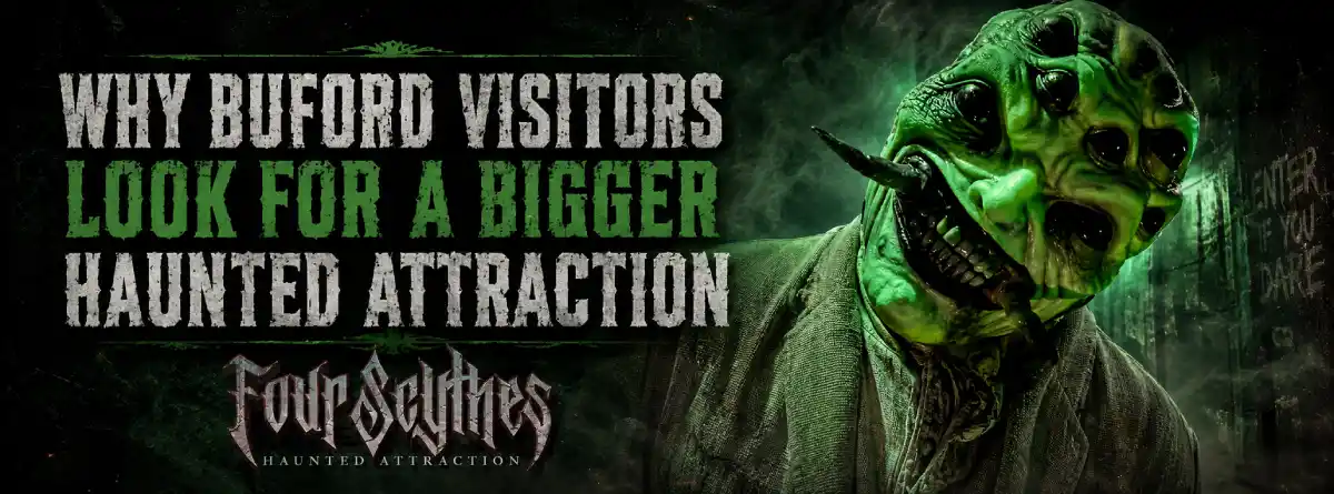 Creepy haunted actor at Four Scythes Haunted Attraction near Buford, Georgia