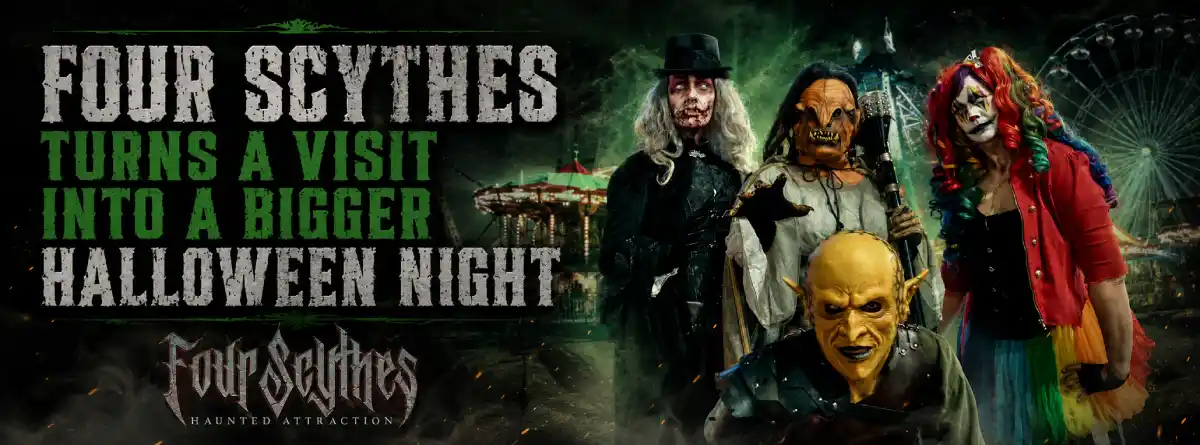 Four Scythes haunted attraction actors in a carnival-style Halloween scene near Buford
