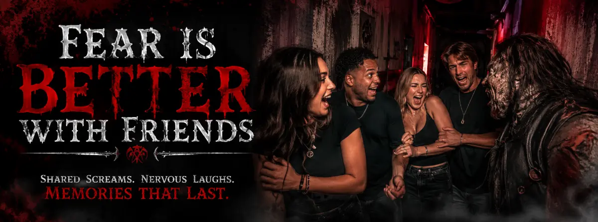 Friends sharing scares and nervous laughs inside Four Scythes Haunted Attraction