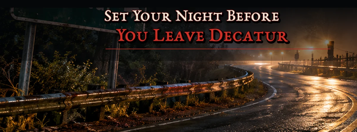 A dark road in North Georgia showing the route planned for a visit to the haunted house from Decatur to Cumming
