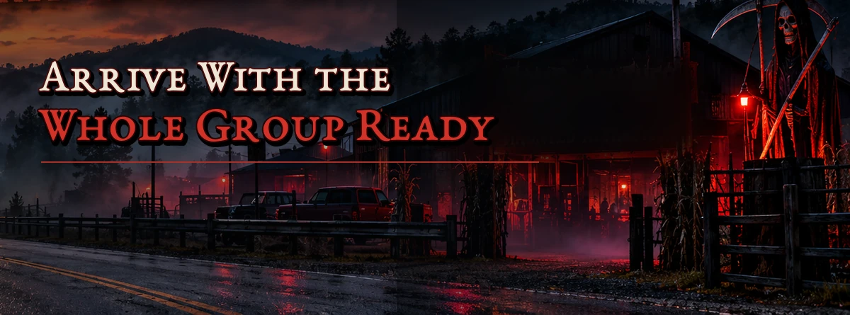 A scene at the haunted attraction showing a group arriving together and prepared for Four Scythes