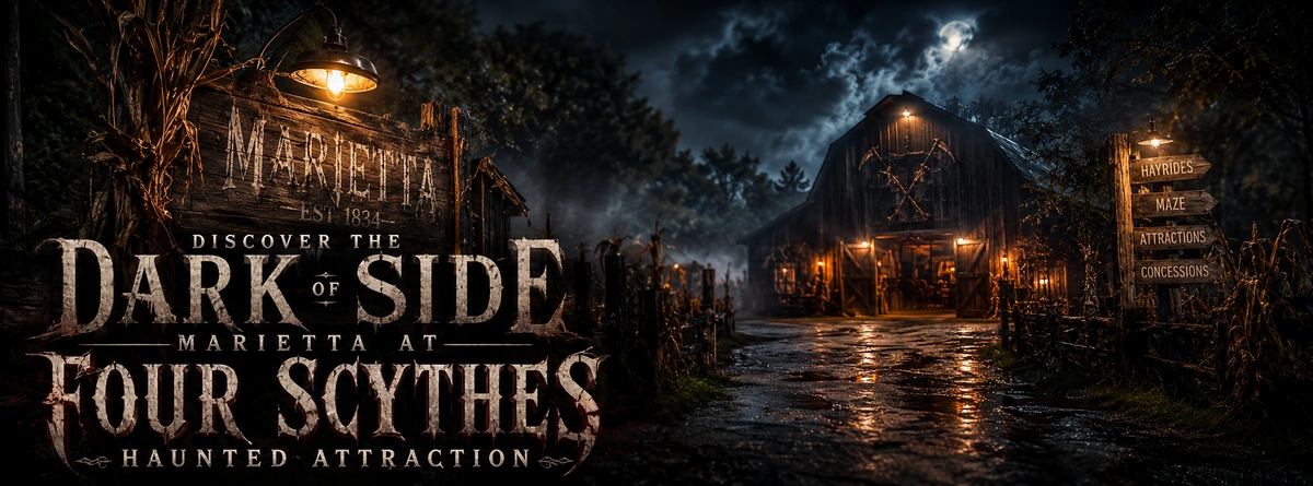 Haunted attraction near Marietta Georgia with a dark foggy nighttime atmosphere