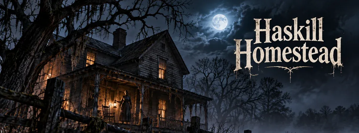 The Haskill Homestead farmhouse behind a crooked fence beneath a cold moon