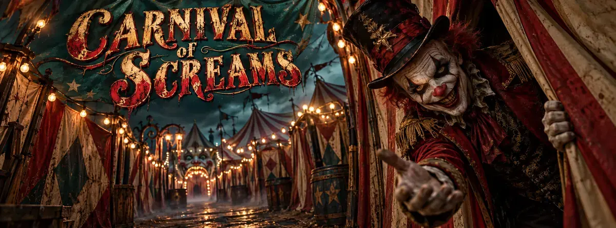 A sinister clown at the Carnival of Screams circus tent maze