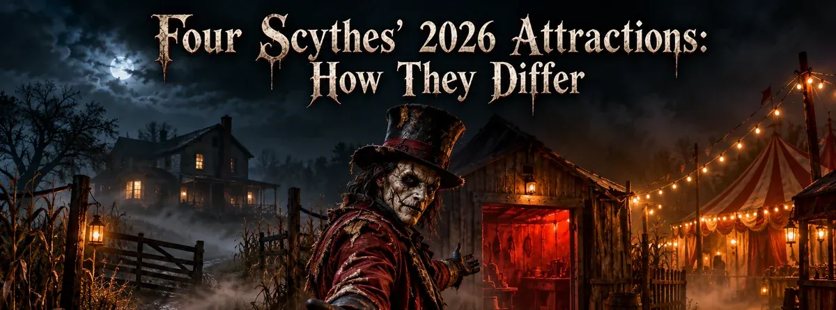 Four Scythes 2026 attractions with a masked host between a farmhouse, butcher shop, and carnival midway