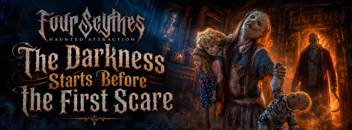 Dark haunted house scene at Four Scythes Haunted Attraction in Cumming GA