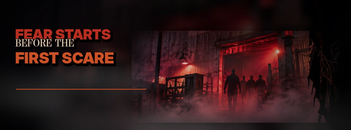 Haunted fairground atmosphere building suspense before guests enter Four Scythes