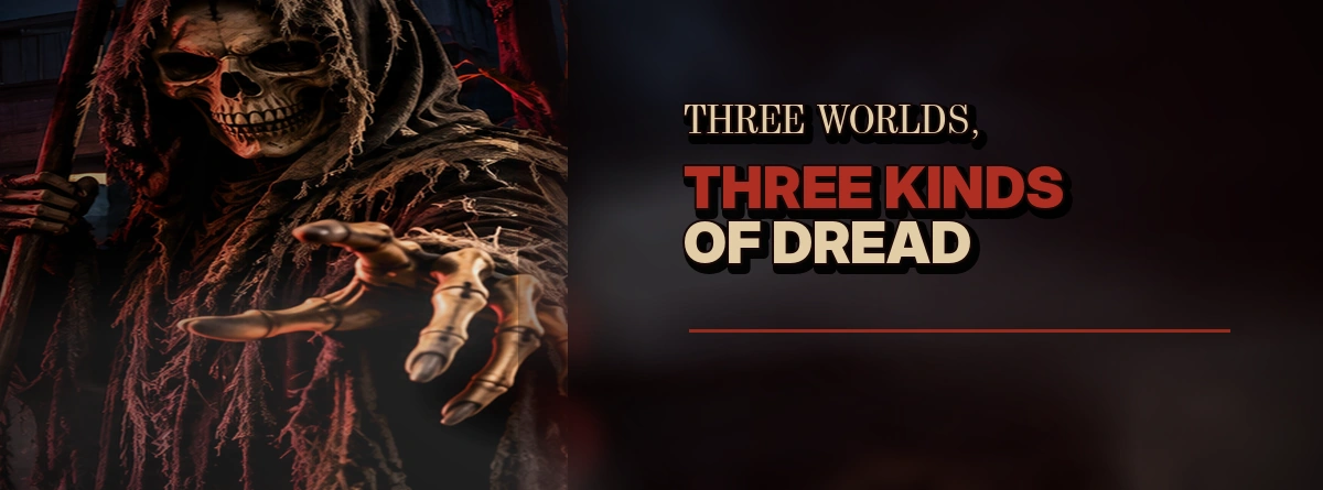 Three distinct Four Scythes horror themes represented in one cinematic haunted attraction scene