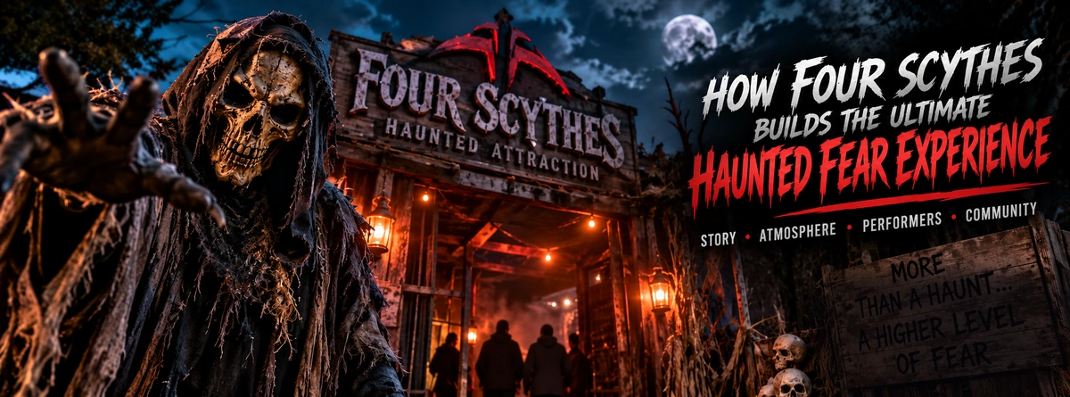 Four Scythes haunted attraction scene showing how atmosphere and performers build the fear experience
