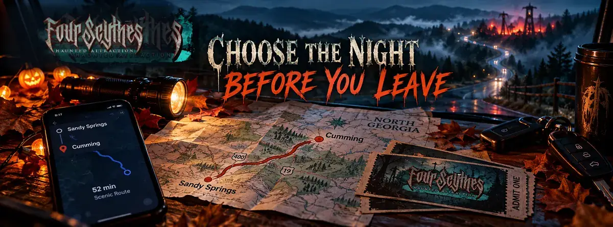 Friends traveling through North Georgia at dusk while planning their Halloween haunted attraction visit