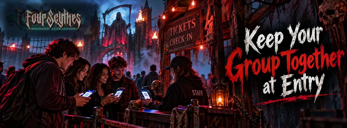 Group of Halloween visitors gathering at a shadowy haunted attraction entrance before entering together