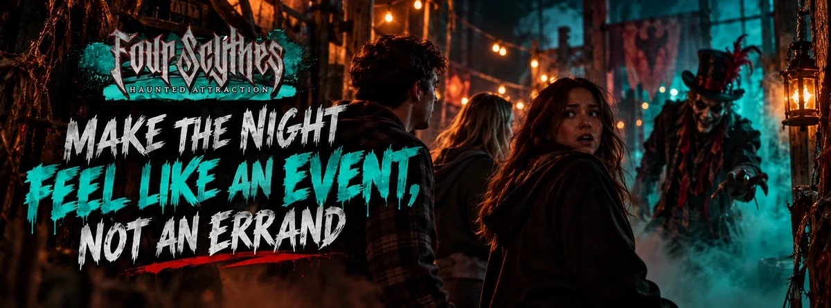 Tucker visitors arriving for a cinematic Halloween night at Four Scythes Haunted Attraction in Cumming