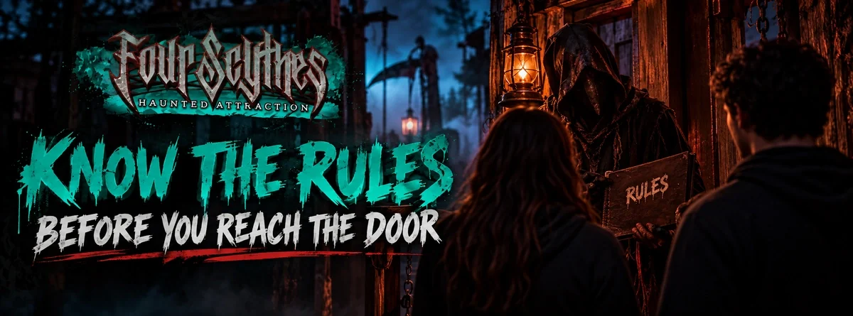 First-time Four Scythes guests reviewing haunted attraction rules before entering the dark attraction