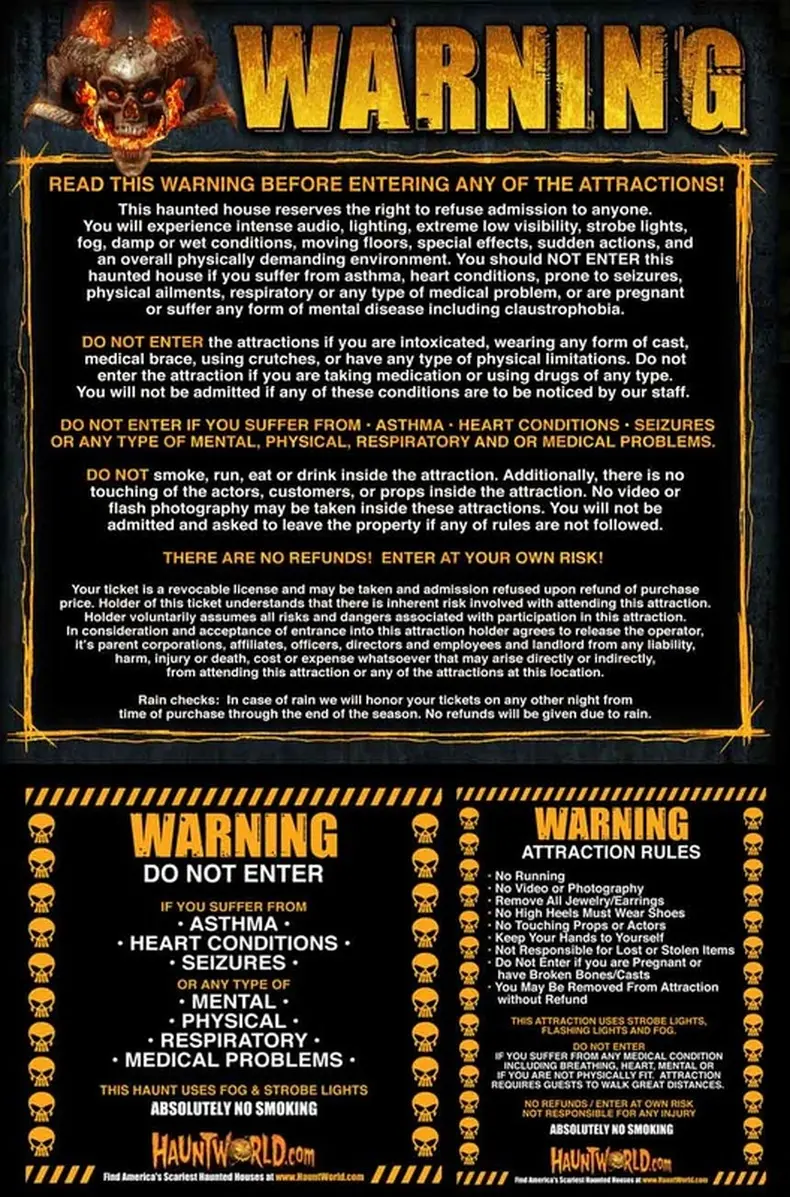 Enter at Your Own Risk Warning Four Scythes Haunted Attraction warning sign for rules and safety